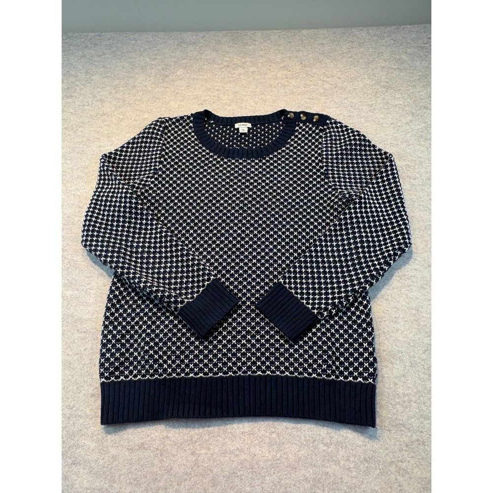 L.L.Bean Navy Cross-Stitch Knit Sweater Button Shoulder 100% Cotton M